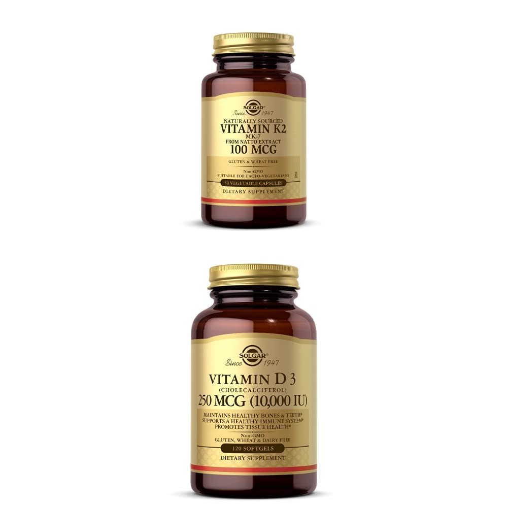 Solgar vitamin K2 (MK- 7) 100mcg, 50 Vegetabilske kapsler - Understøtter Bone Health Vitamin D3 (Cholecalciferol) 250 MCG (10.000 IE), 120 Softgels - Immunsystemet Support