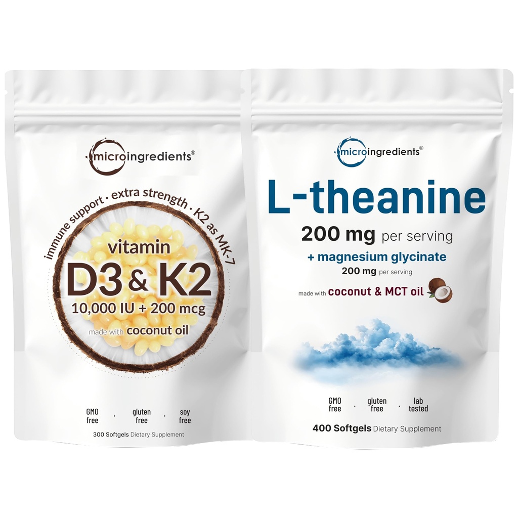 Micro Ingredients Vitamin D3 10,000iu + K2 200mcg & L- Theanine 200mg med Magnesium Glycinate Bundle 2 Pack Removal 124; Coconut MCT Oil Infunded Softgels Removal 124; Amino Acid & Mineral Complex