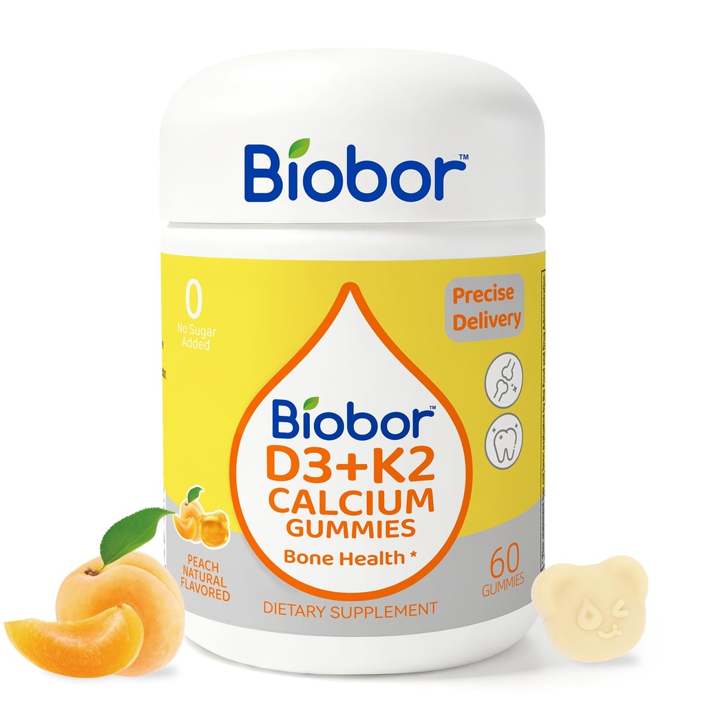 Biobor Vitamin D3 K2 Gummies med Calcium, 2000 IE D3 & 200 mcg K2 (MK- 7) & 200 mg Calcium, Ingen sukker tilsat, Understøtter sunde knogler og immunforsvar, Gluten fri, GMO fri, gul Peach, 60 Greve