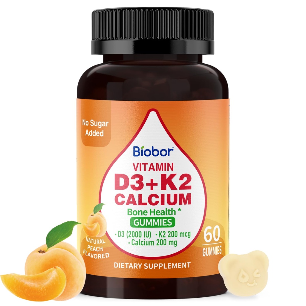 Biobor Vitamin D3 K2 Gummies with Calcium, 2000 IU D3 & 200 mcg K2(MK-7) & 200 mg Calcium, No Sugar Added, Supports Healthy Bones & Immune Health, Gluten Free, GMO Free, Yellow Peach, 60 Count
