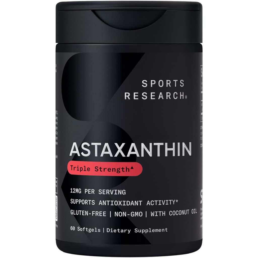 Sports Research ® Triple Strength Astaxanthin 12mg w / Organic Coconut Oil - Antioxidant Supplement for hud & øje Health Support * - Soy Free · Non- GMO · Gluten Free - 60 Softgels