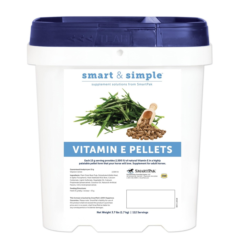 Smart & Simple E-vitamin E-piller; Horse Supplement Pellets • 124; E-vitamin E til heste • 124; immunforsvar • 124; Pelt Form til let fodring • 124; 112 Servering • 124; 3,7 LB Bucket