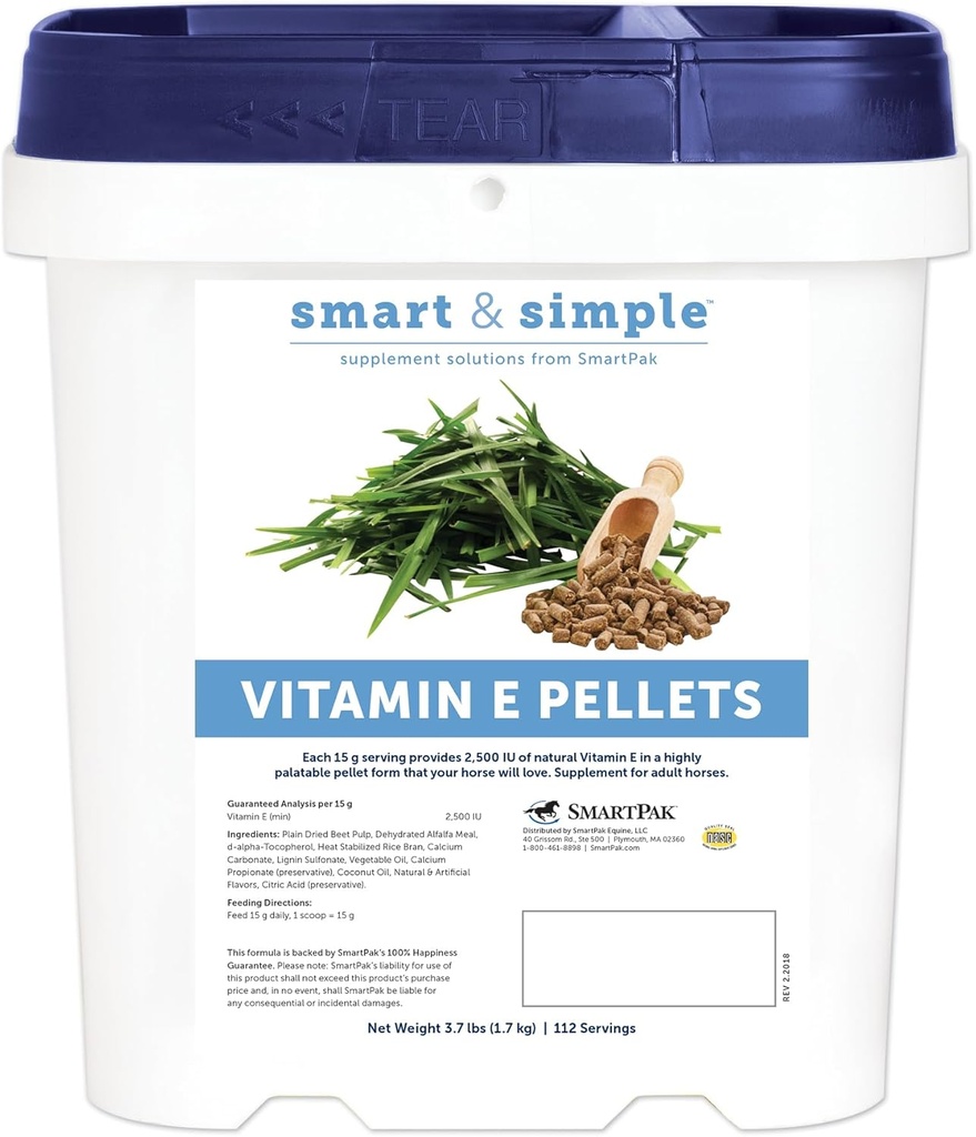 Smart & Simple E-vitamin E-piller; Horse Supplement Pellets • 124; E-vitamin E til heste • 124; immunforsvar • 124; Pelt Form til let fodring • 124; 112 Servering • 124; 3,7 LB Bucket