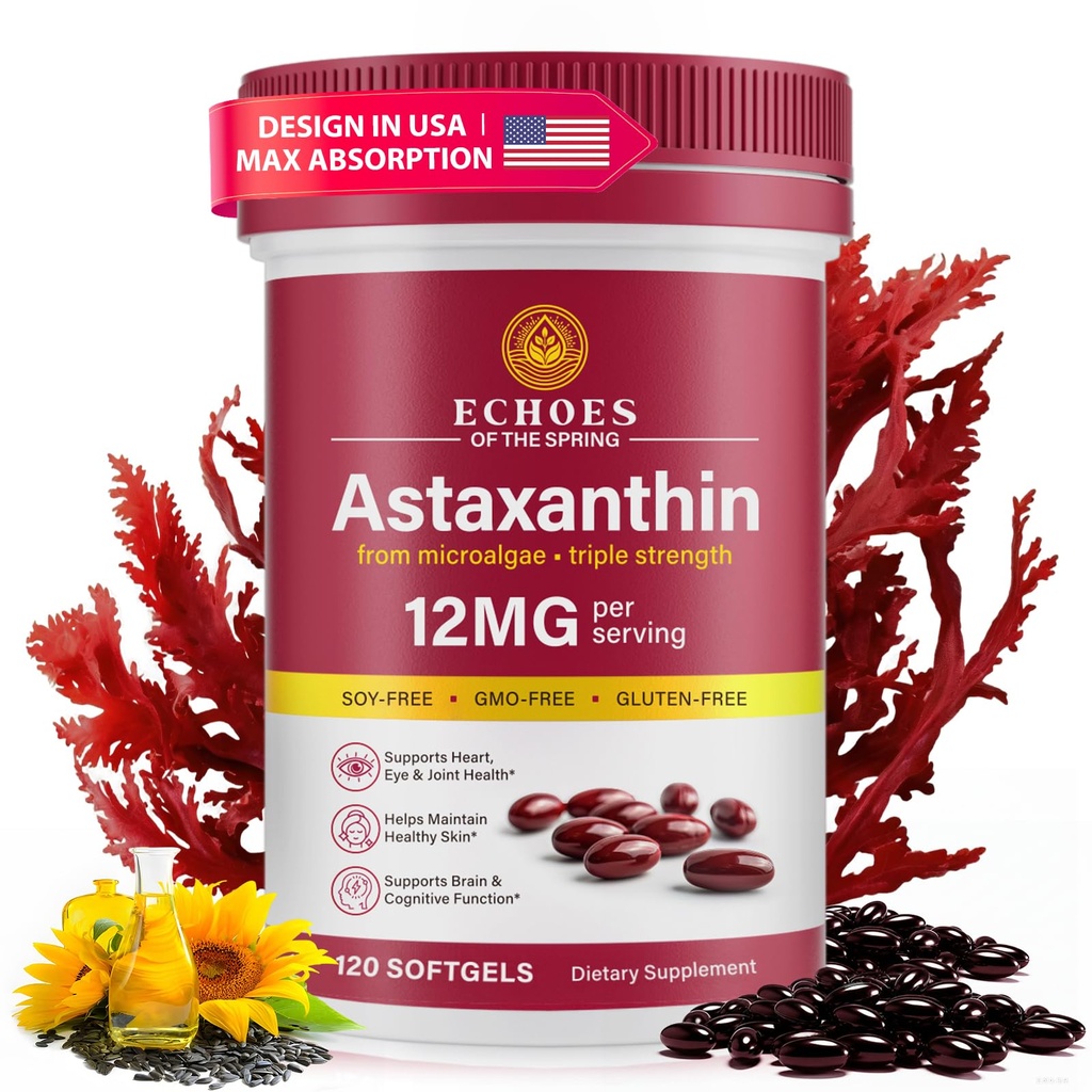 Astaxanthin 12mg - Natural Astaxanthin fra Haematococcus Pluvialis, Triple Strength Antioxidant Supplement for øje, hud, fælles & immunforsvar (120 greve (pakning med 1))