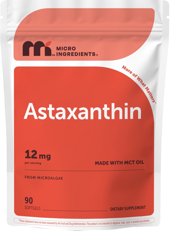 Micro Ingredients Astaxanthin 12 mg med MCT Oil, 90 Softgels ttesmå 124; Premium Astaxanthin Antioxidant Kosttilskud * - 124; Friske mikroalger Kilde: 124; Triple Strength, Non- GMO, Gluten Free, No Soy