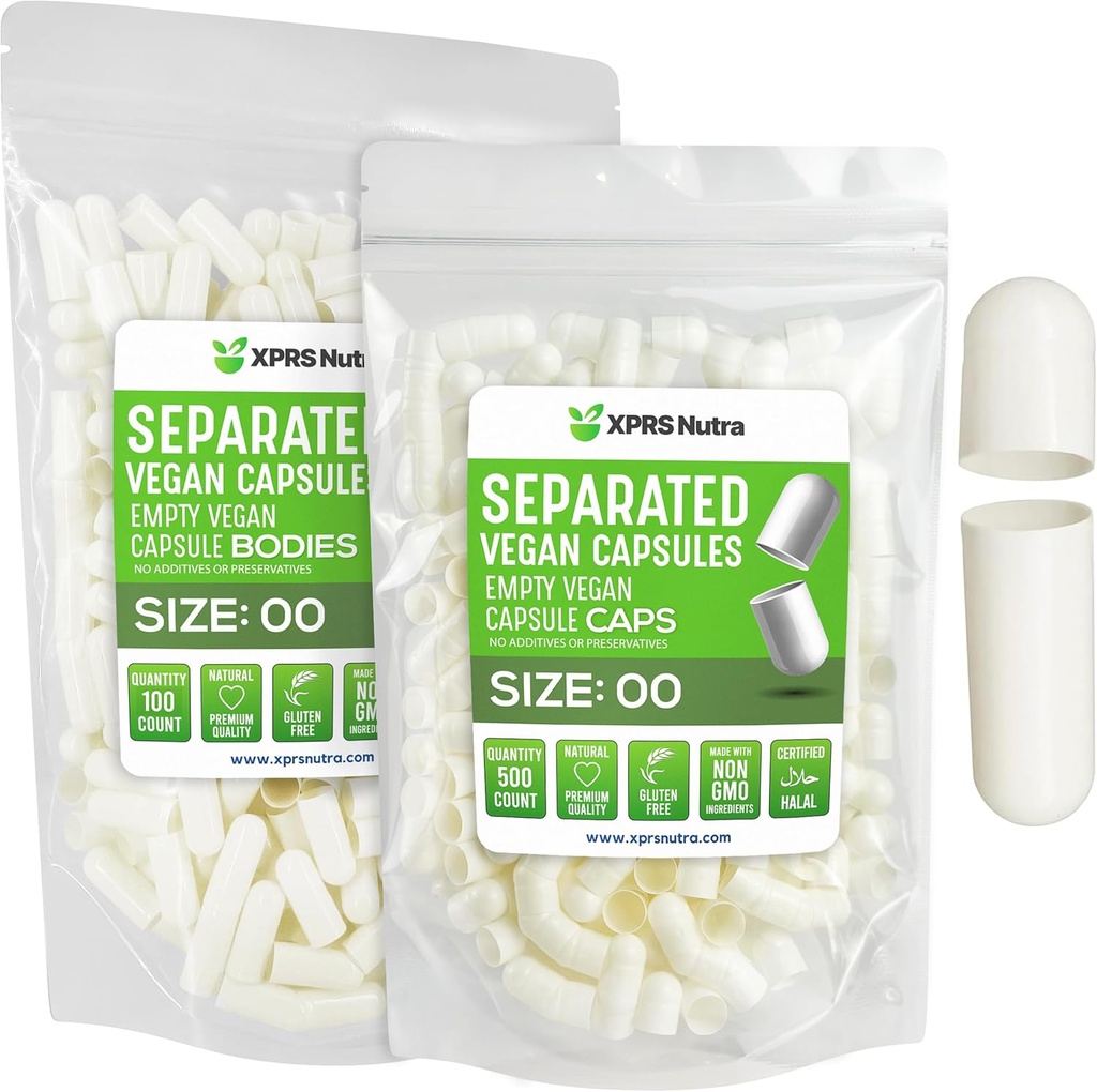 XPRS Nutra Vegan Størrelse 00 Separated Kapsler - 100 Grev Premium Tomme Kapsler Separeret i poser - 00 Piller Tom for DIY Supplement Fyldning (hvid)