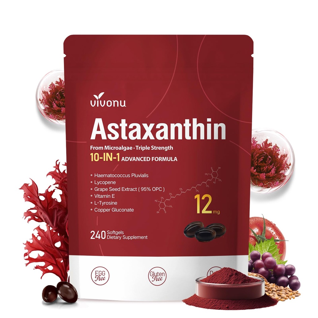 10 i 1 Astaxanthin 12mg Kosttilskud, 4 måneder Supply, Astaxantina Antioxidant fra Friske Hæmatococcus Pluvialis, Indeholder Lycopen, Grape Seed, E-vitamin, & mere understøtter øje, Joints, Hudsundhed