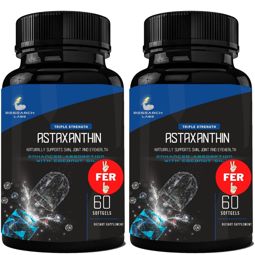 Forskning Labs Triple Strength Natural Astaxanthin 12mg Softgels + Ekstra flaske Organic Coconut Oil for Enhanced Absorption Powerful Antioxidant Understøtter Eye Joint & Heart Health 120 Total Softgels