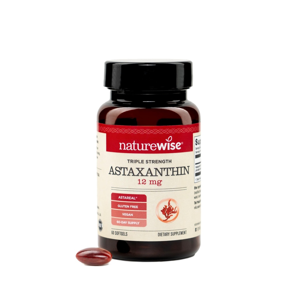 NatureWise Triple Strength Astaxanthin 12mg med AstaReal ® - Vegan Antioxidant Supplement med Organic Coconut Oil - NSF Certified Gluten Free, Non- GMO - 60 Softgels [60 Day Supply]