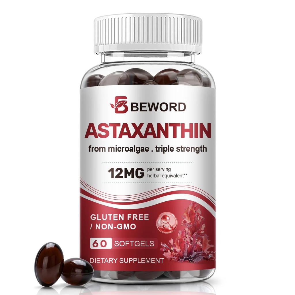 BEWORD Astaxanthin 12mg med MCT Oil, 60 / 120 Softgels 2-måned Supply 124; Premium Antioxidant Kosttilskud Budd124; Natural Microalger, Triple Strength Budding124; Understøtter hud & Eye Health