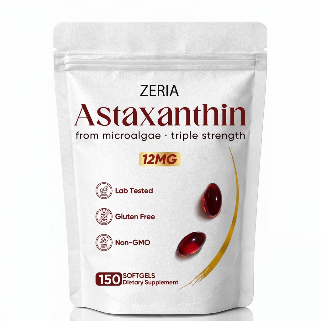 Zeria Astaxanthin 12mg, naturlige mikroalger Antioxidant Kosttilskud, hjælper med at beskytte celler mod oxiderende stress, hud Firmness & Elasticitet, fremmer sund hud og øjne, 150 bløddele