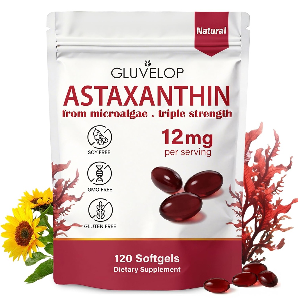 Astaxanthin 12mg, Premium Astaxanthin Antioxidant Kosttilskud, understøtter øje, hud, immunforsvar, intern cirkulation, Friske mikroalger Kilde, Triple Styrke, Non- GMO, 4 Måned Supply, 120 Softgels