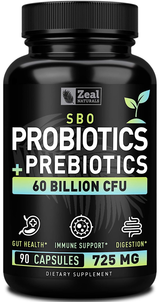 Probiotika og Prebiotika + SBO Probiotika (60 milliarder CFU = 124; 90 kapsler) Acidophilus Probiotic w. Saccharomyces Boulardii, Bifidobacterium + Spore Probiotic & Organic Sprunded Prebiotic Fiber Blend