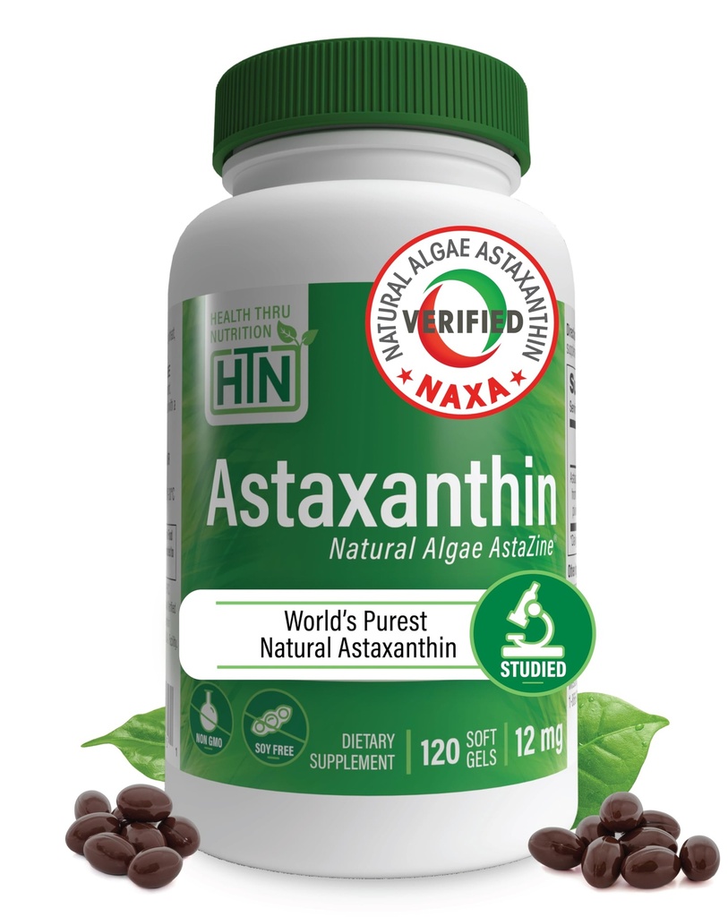 Health Thru Nutrition Astaxanthin Triple Strength 12mg Supplement 120 Softgels against 124; AstaZine fra Algae Organisk dyrket i Pristine Himalayan vand