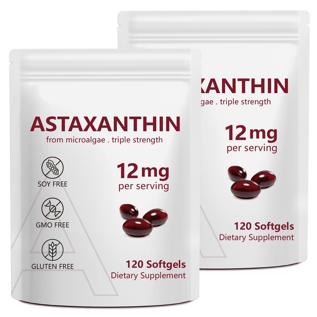 2 Pack Astaxanthin 12mg, Premium Astaxanthin Antioxidant Kosttilskud med antioxidant aktivitet, understøtter øje, immunforsvar, hudsundhed, intern cirkulation
