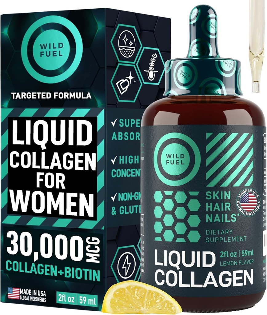 WILD FUEL Liquid Collagen Peptides with Biotin Vitamins for Hair Skin and Nails - 30,000mcg Liquid Collagen for Women and Men Plus Biotin - Lemon Flavor, up to 2-Month - 2 oz