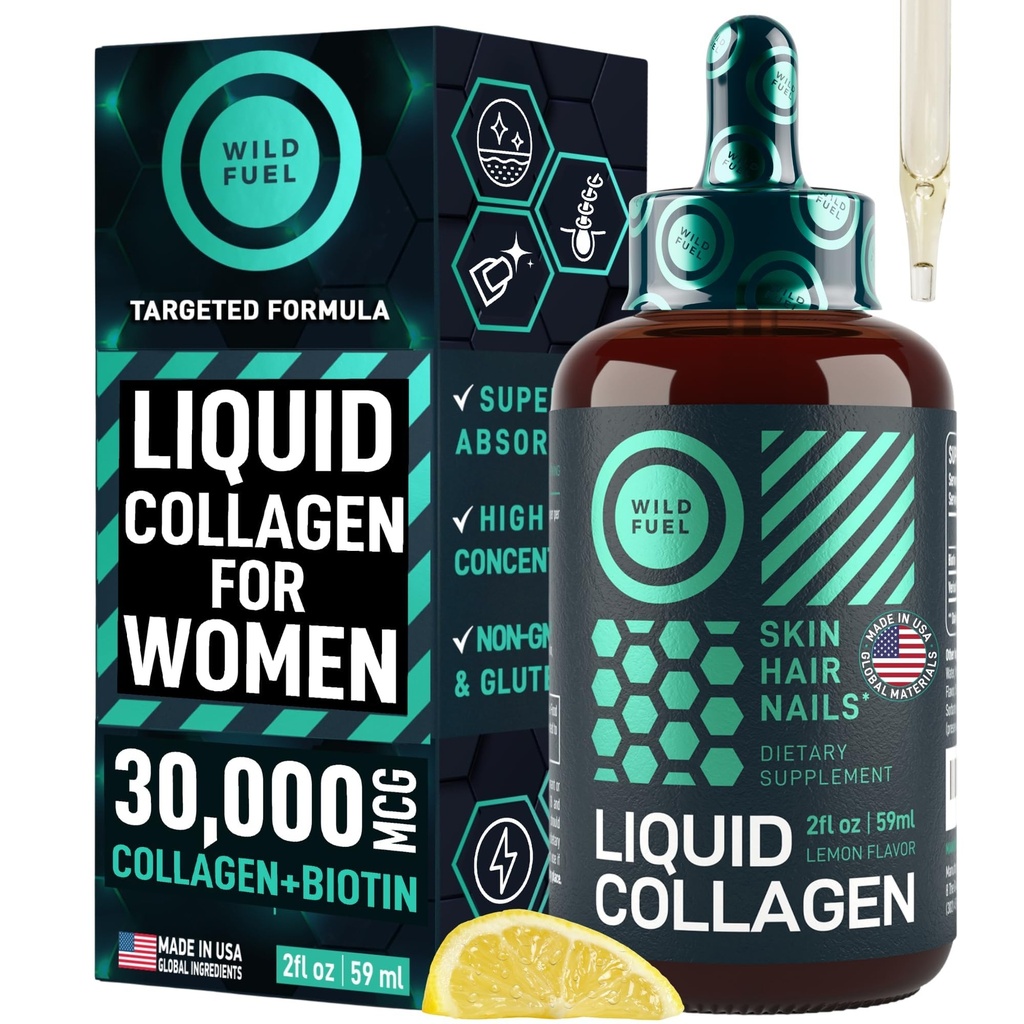 WILD fuel flydende kollagen peptider med biotin vitaminer til hår hud og negle - 30,000mcg flydende kollagen til kvinder og mænd Plus biotin - Lemon flavor, op til 2-måned - 2 oz