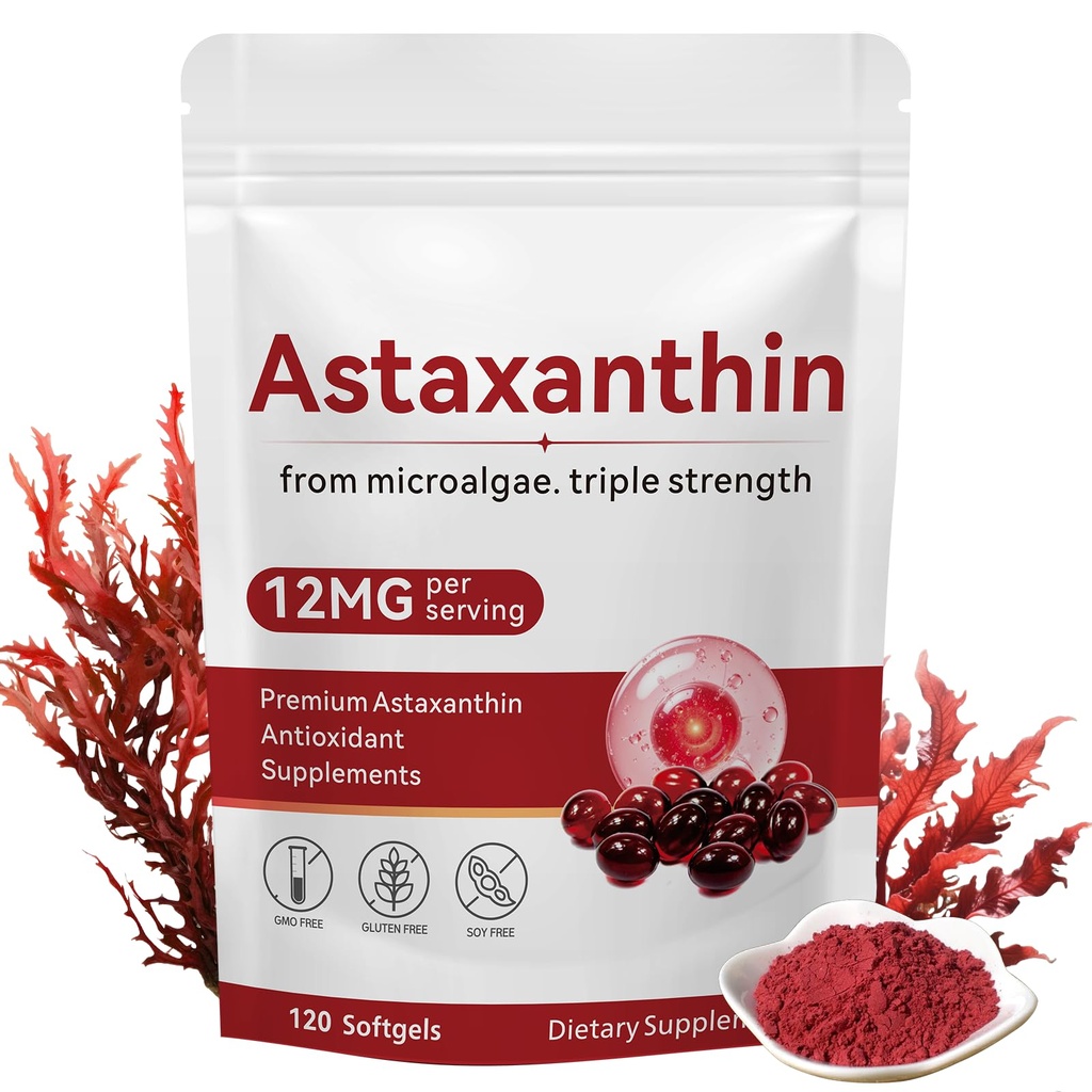 Astaxanthin 12mg, 120 Softgel, Premium Astaxanthin Antioxidant Kosttilskud med antioxidant aktivitet, understøtter øje, hud sundhed, immunforsvar, intern cirkulation
