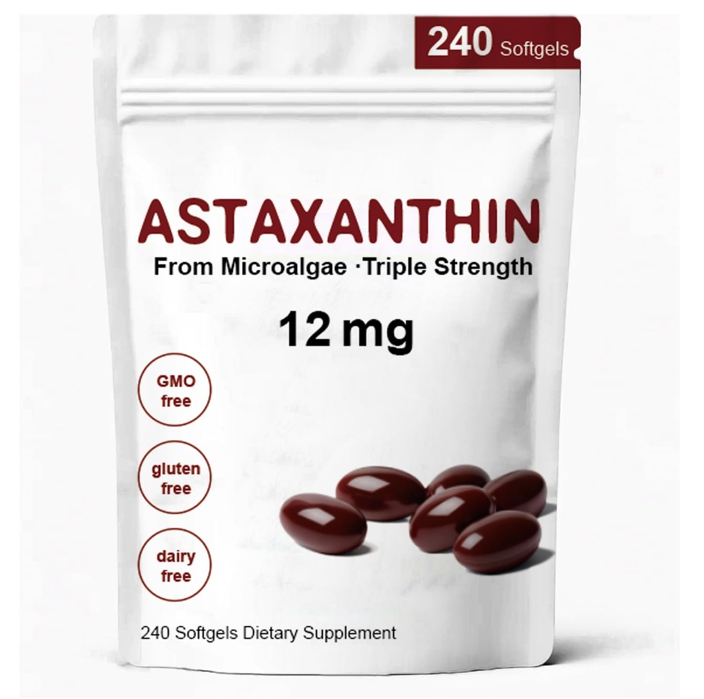 Astaxanthin 12 mg, Premium Astaxanthin Antioxidant Kosttilskud med antioxidant aktivitet, understøtter øje, immunforsvar, hudsundhed, intern cirkulering - 240 Softgels