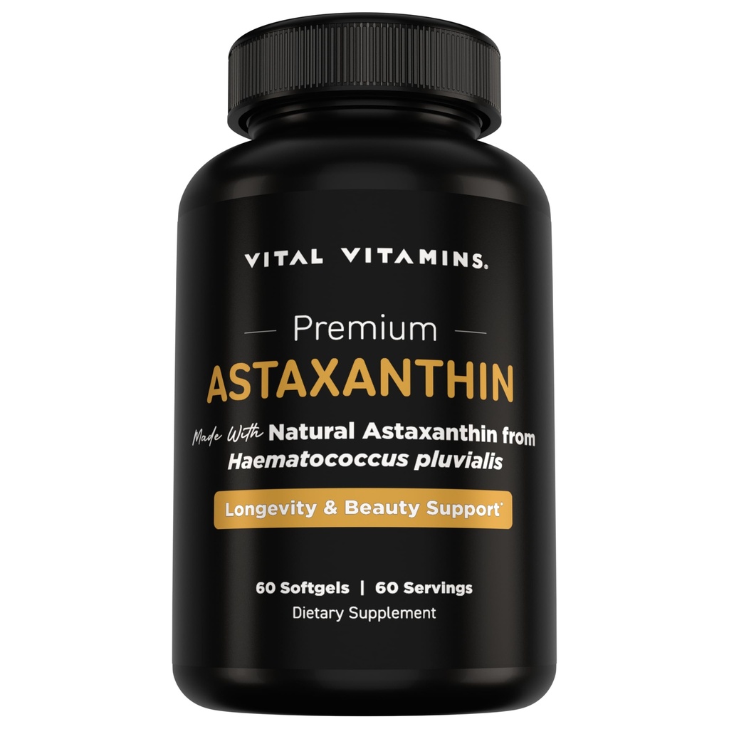 Vital Vitaminer Astaxanthin 12mg Softgels - Lavet med Natural Astaxanthin - Supplement til Promote Skin Hydration, Elasticitet - Forsvarer celler mod daglige skader - Vegan, Lavet i USA - 60 Soft Gels