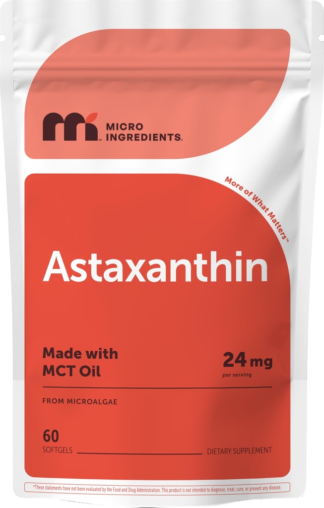 Micro Ingredients Astaxanthin 24mg with MCT Oil, 60 Softgels, 2 Months Supply Measures 124; Max Strength Astaxanthin Antioxidant Supplements Measures 124; Friske Mikroalger Source Measures 124; Non- GMO, Gluten Free, No Soy