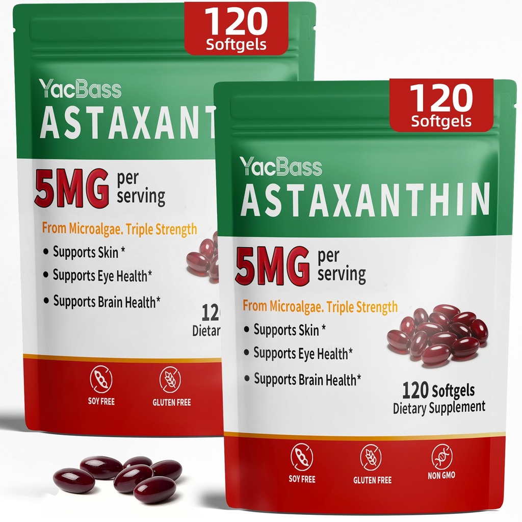 2Pack Astaxanthin Kosttilskud 12mg - Premium Astaxanthin til øje, hjerne, hud og immunforsvar, mikroalger Kilde, 240 Softgels