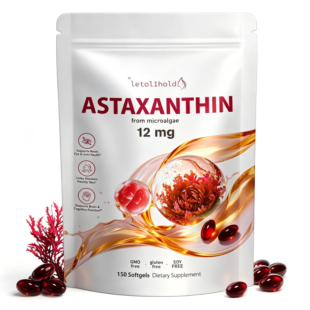 Astaxanthin 12mg, 150 Softgels - 5 måneders forsyning, Astaxanthin Kosttilskud Sourced from Fresh Microalger, Non- GMO, Gluten Free, Let at synke