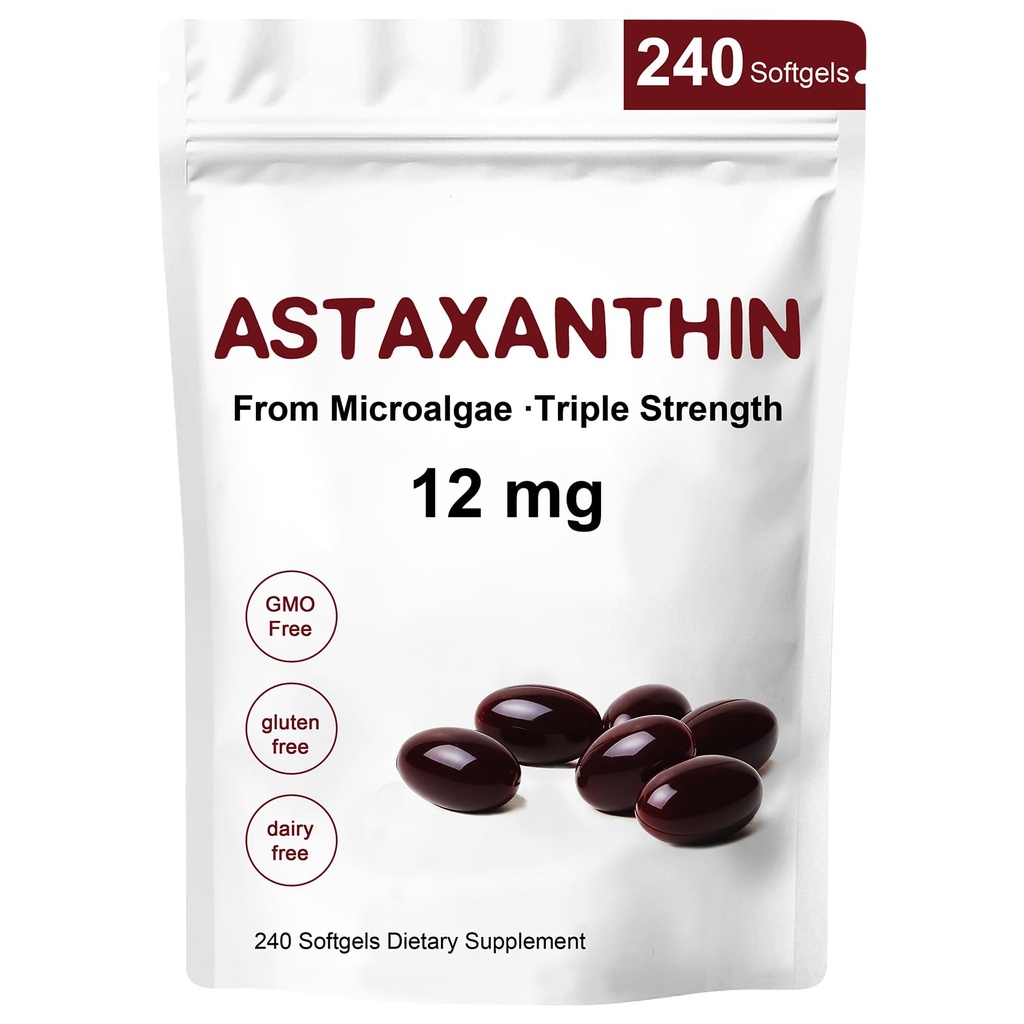 Astaxanthin 12mg, 240 Softgel, Premium Astaxanthin Antioxidant Kosttilskud, understøtter øje, hud, immunforsvar, intern cirkulation, non-GMO, gluten fri, ingen soy- 8 måneder Supply