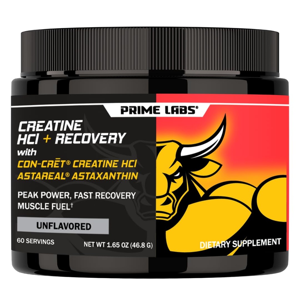 Prime Labs Creatin HCl Pulver med AstaReal Astaxanthin 6mg - Understøtter Muscle Recovery & Brain Health - Con- Cret Creatin HCl (7X mere koncentreret end monohydrat) - 60 Serveringer
