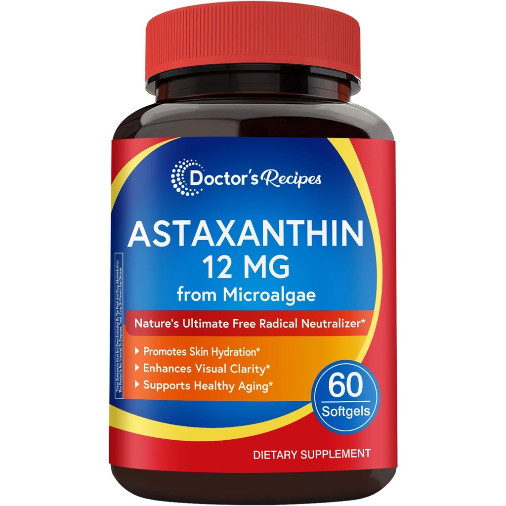 Lægens opskrifter Astaxanthin 12 mg, fra Fresh Premium Mikroalger, Max Strength, No Gluten, Non- GMO, Understøtter hud, øje, ben & immunsystem sundhed, 60 Softgels