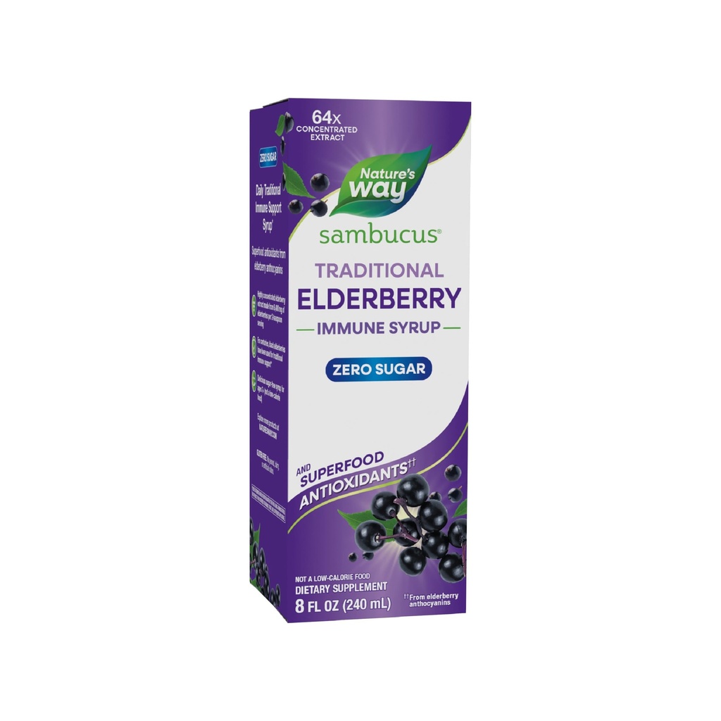 Nature 's Way Sambucus Zero Sugar Traditional Immunsyrup, Højt koncentreret Black Elderberry Extract, Traditional Immunsupport *, Sukkerfri, Berry Flavored, 8 Fl Oz (Packaging May Vary)
