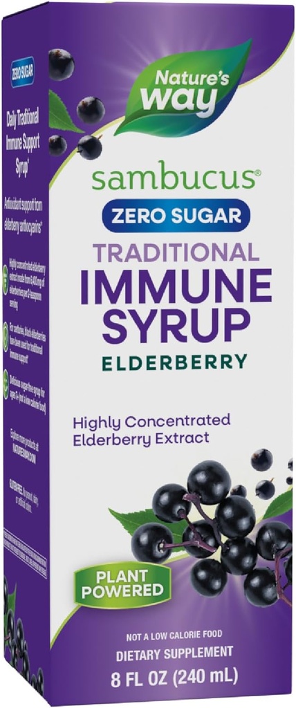 Nature’s Way Sambucus Zero Sugar Traditional Immune Syrup, Highly Concentrated Black Elderberry Extract, Traditional Immune Support*, Sugar-Free, Berry Flavored, 8 Fl Oz (Packaging May Vary)