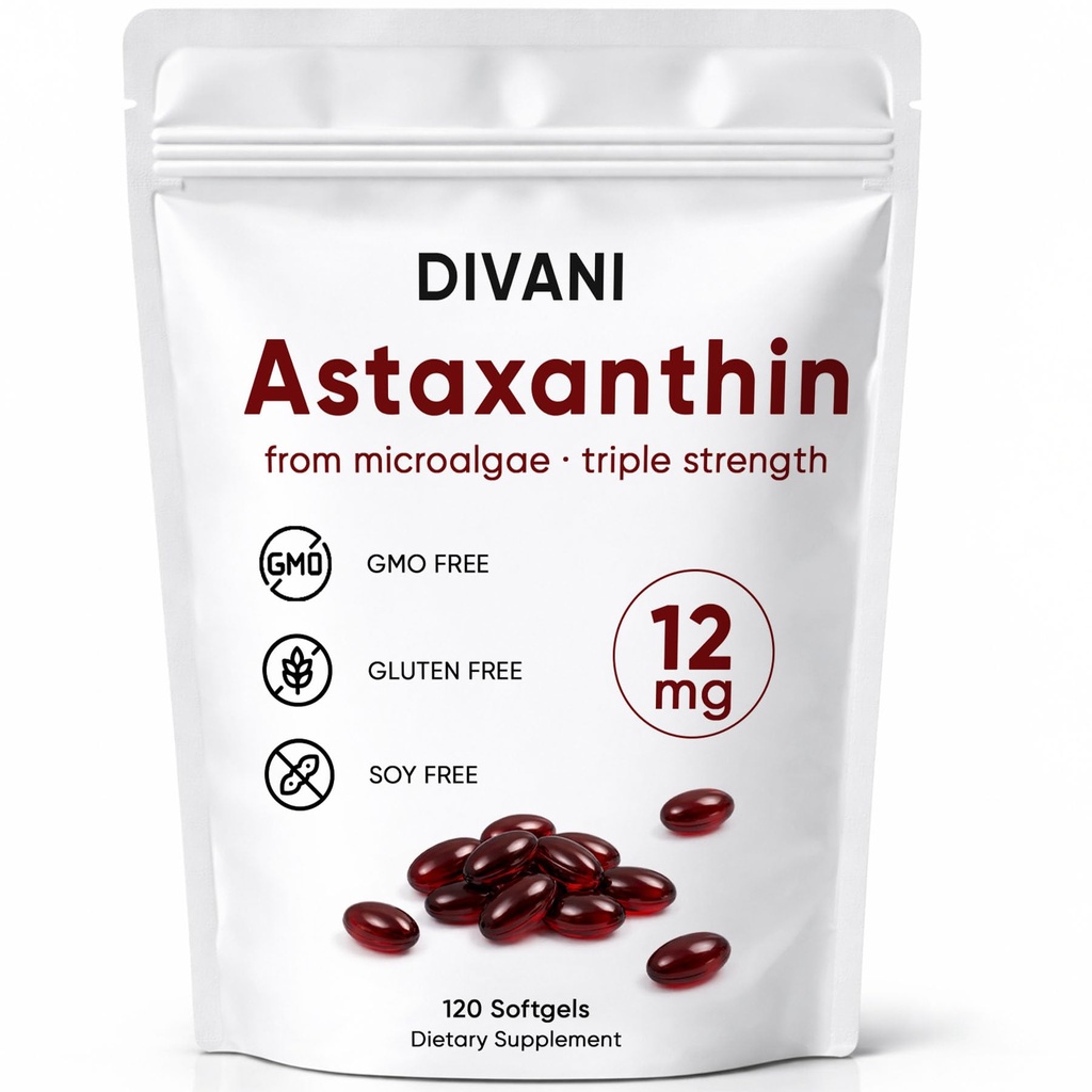 DIVANI Astaxanthin 12mg, Antioxidant supplement til daglig wellness, immun, Eye & Skin Support, non- GMO, Gluten Free - 120 Softgels