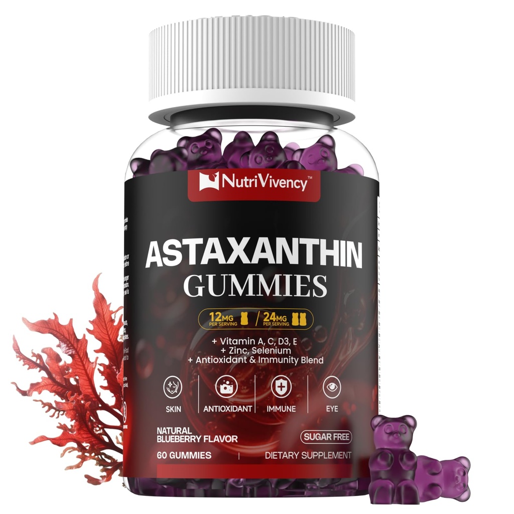 Astaxanthin Gummies, 12mg Per Gummy 24mg Max, Astaxanthin Kosttilskud med vitamin A / C / D / E, Resveratrol, 14- IN-1 Antioxidants Blend for kvinder Mænd, hud, øjne, immunforsvar, sukker fri, Vegan, 60 Ct