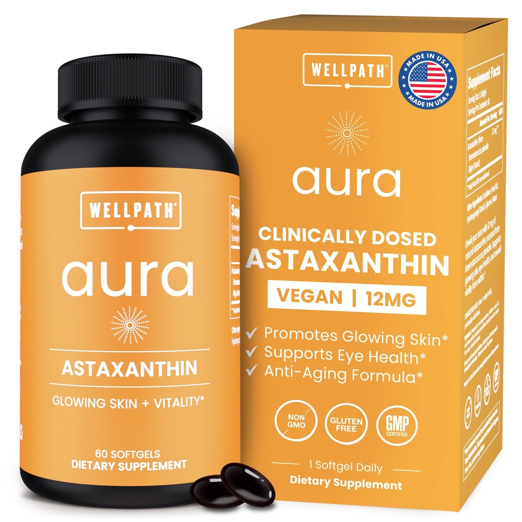 WellPath Astaxanthin 12mg Softgets n. 124; Vegan Astaxanthin Kosttilskud fra mikroalger 124; Antioxidanter til hudhygiejne, Elasticitet og Øjenhelbred 124; Non- GMO, Made in USA, 2 Month Supply