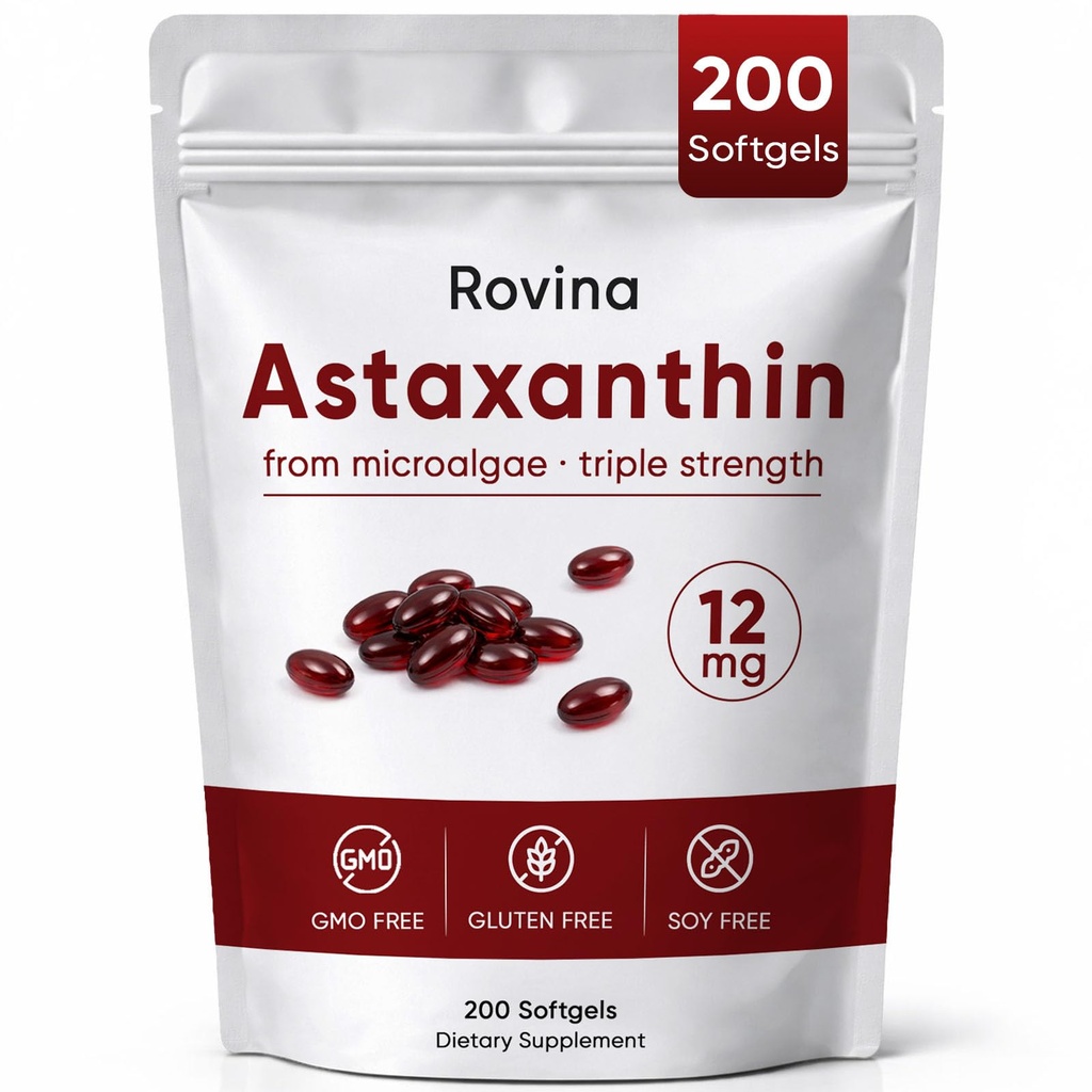 Rovina Astaxanthin 12mg Softgels, Antioxidant supplement til daglig wellness, immun, Eye & Skin Support, Joint, Intern cirkulation, Non- GMO, Gluten Free - 200 Softgels (1)