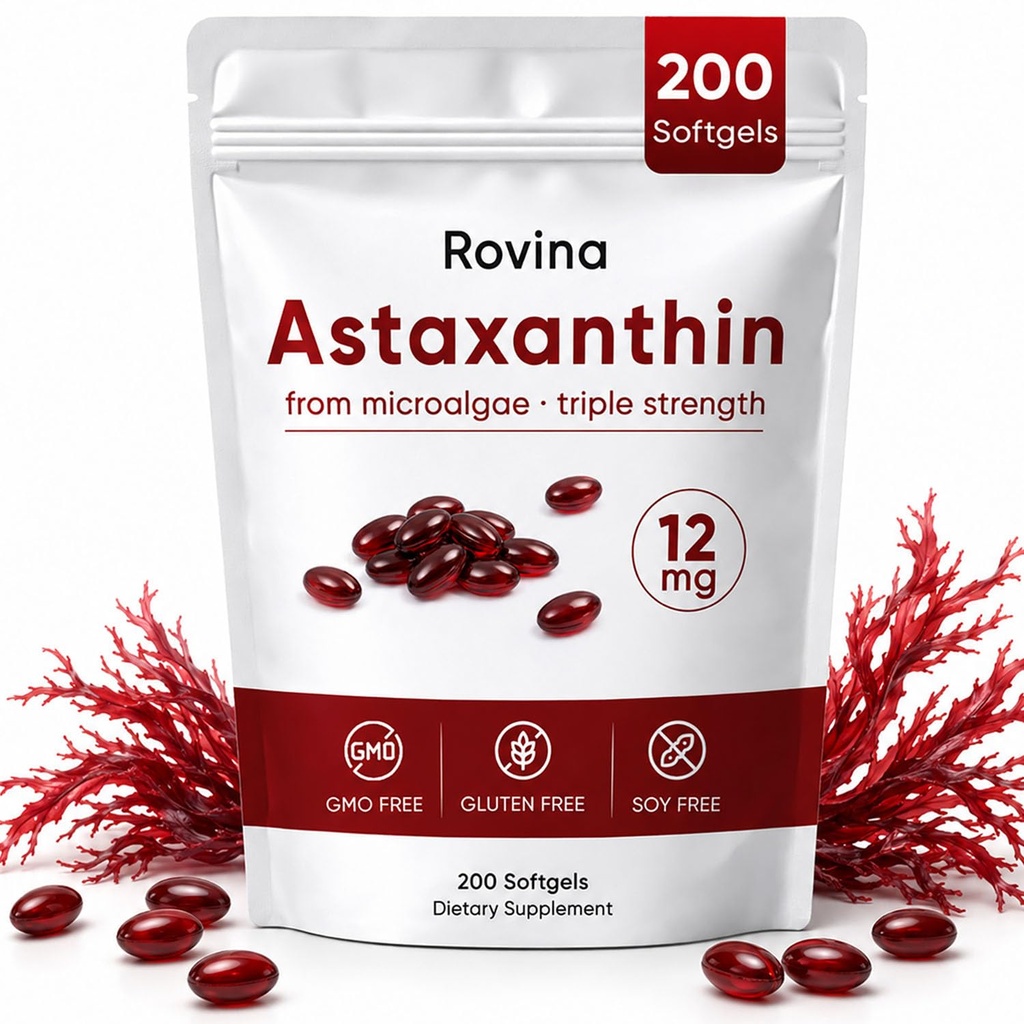ROVINA Astaxanthin 12mg Softgels, Antioxidant supplement understøtter øje, hud, immunforsvar, fælles, intern cirkulation, non-GMO & gluten fri - 200 Softgels