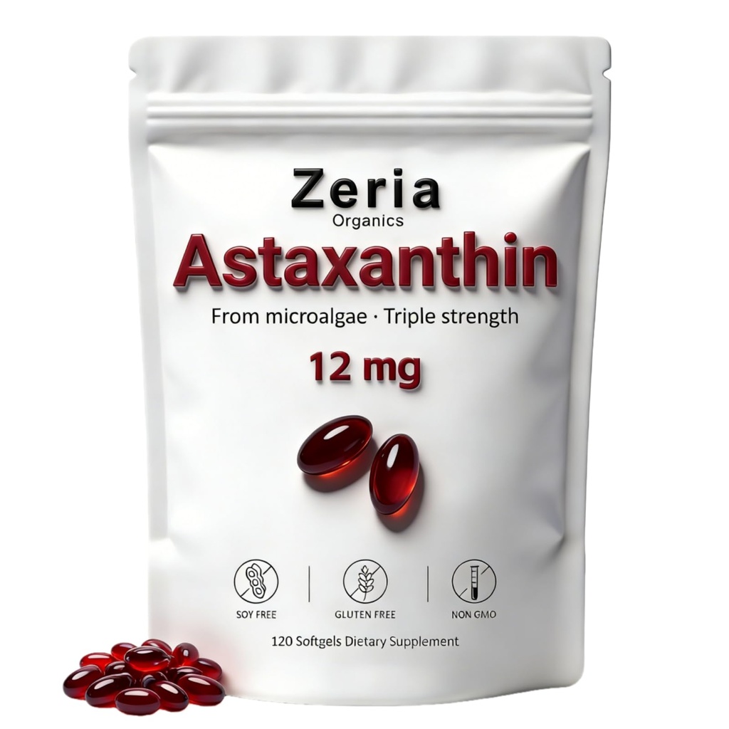 Astaxanthin 12mg, Natural Astaxanthin Kosttilskud Alger, 120 Softgels (1 Bag)
