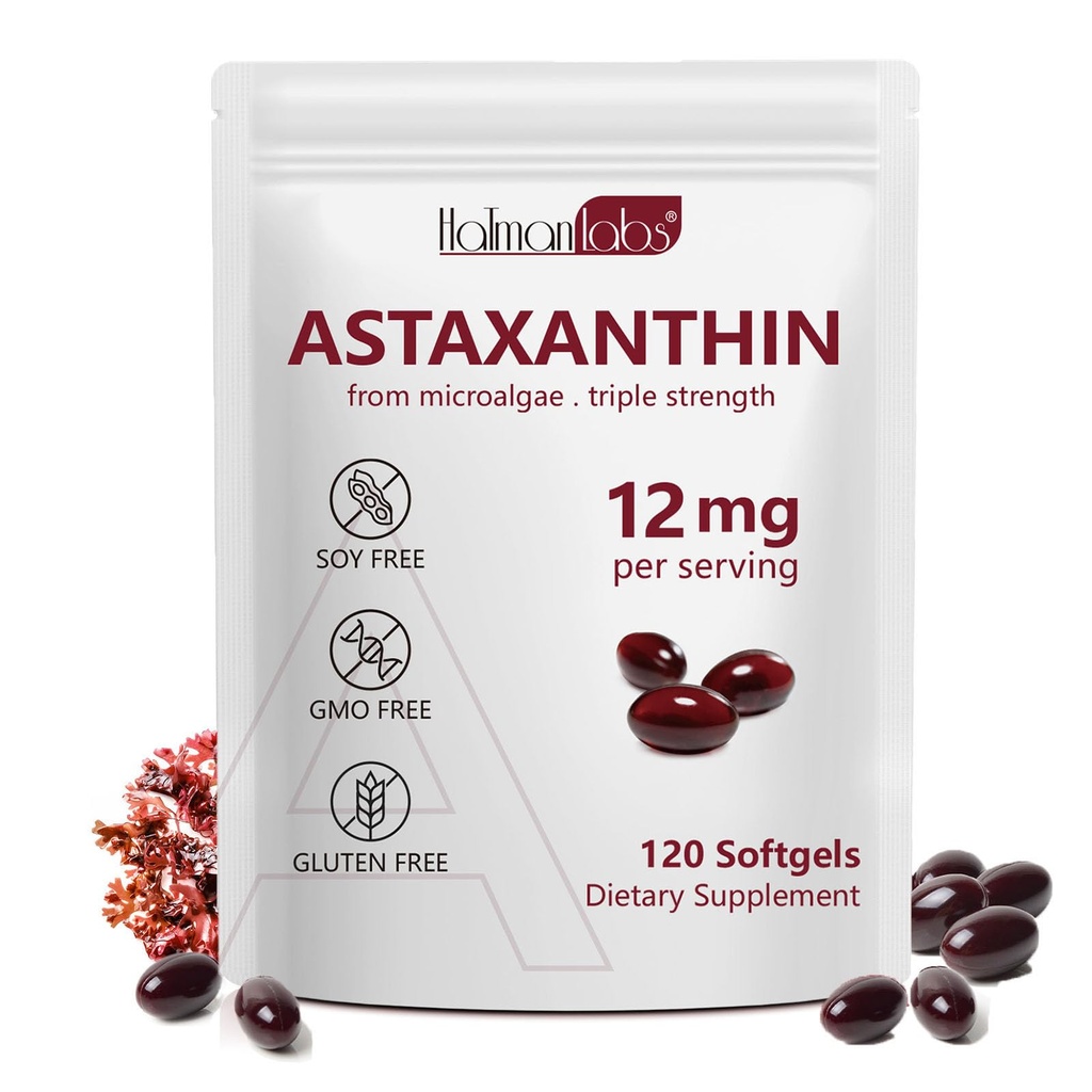 Daiasns Astaxanthin 12mg, Astaxanthin Antioxidant Kosttilskud understøtter øje, fælles, intern cirkulation og hudsundhed - Non- GMO, 120 Softgels - 4 måneders forsyning