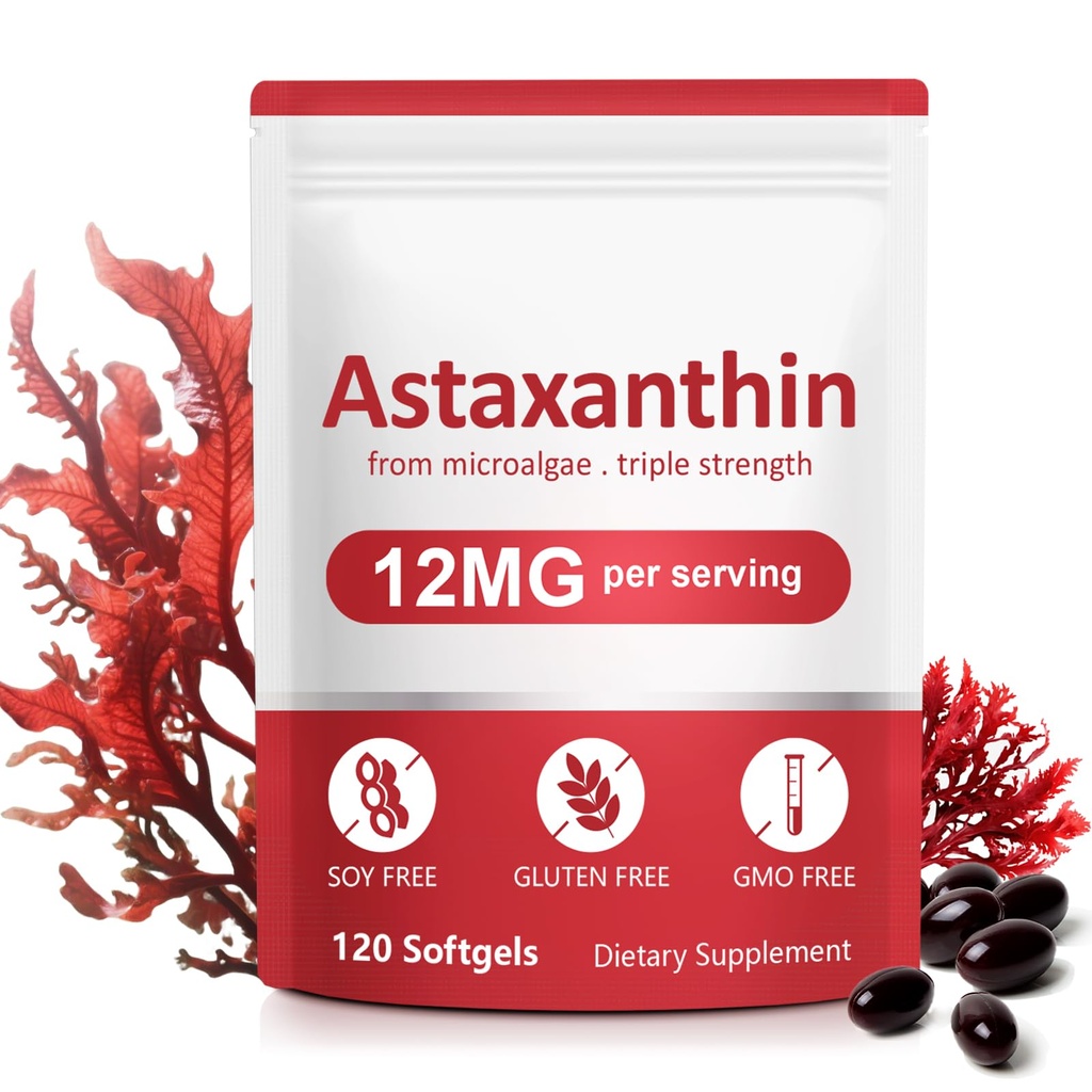 Astaxanthin Kosttilskud, 12 mg Astaxanthin Natural Anti- Aging Formel - Understøtter øjne, fælles, intern cirkulation & hudsundhed, ikke-GMO non-gluten