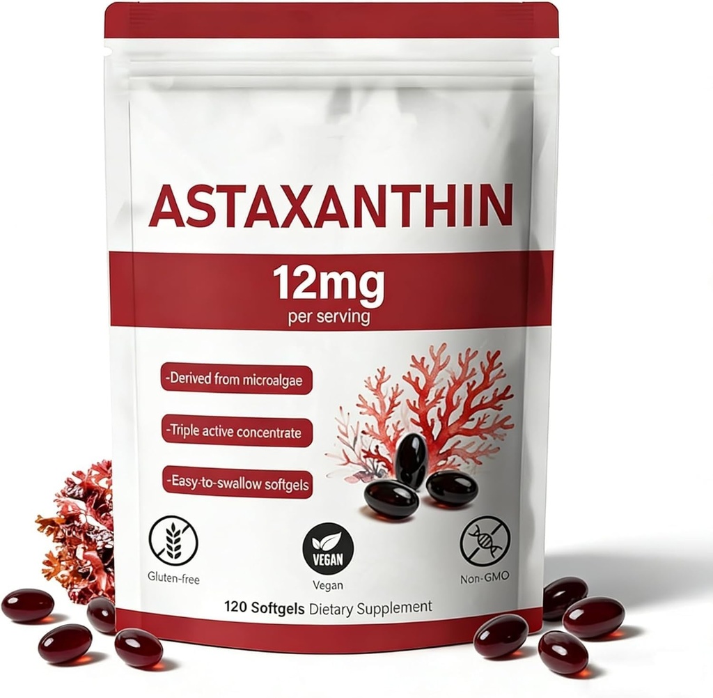 Astaxanthin 12mg, 120 Softgels, Natural Microalger Kilde, Non- GMO Gluten- Free, 4 Måned Supply