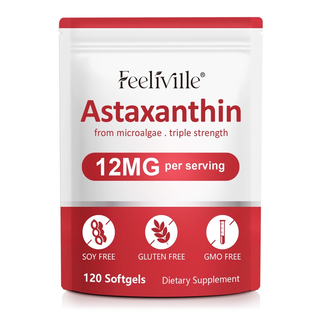 Premium Astaxanthin Kosttilskud 12mg 120 Softgel, Astaxanthin Antioxidant Supplement for øje, hud, fælles, hjerne, friske mikroalger Kilde til hjerte og immunsystem sundhed