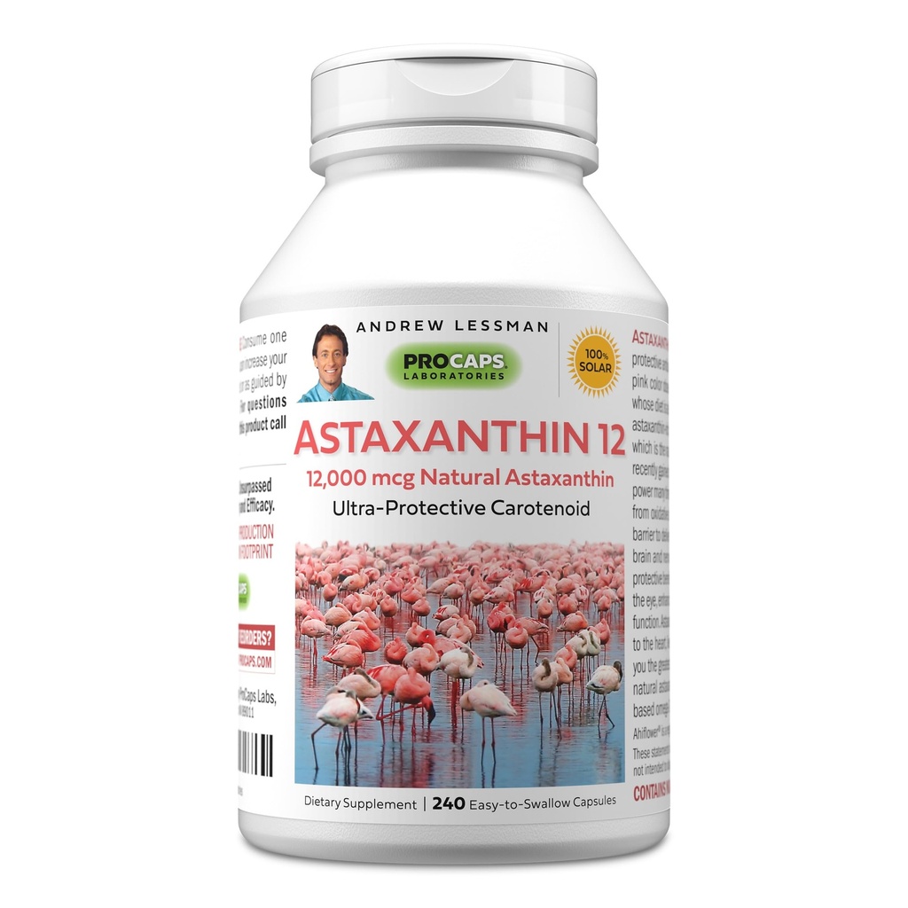 ANDREW LESSMAN Astaxanthin 12mg - 240 Softgels - 12000 mcg Natural Astaxanthin, Kraftfuld Antioxidant Carotenoid. Beskyttelse af øjne, hjerte, hud og mere. Ingen tilsætningsstoffer. Let at sluge Softels