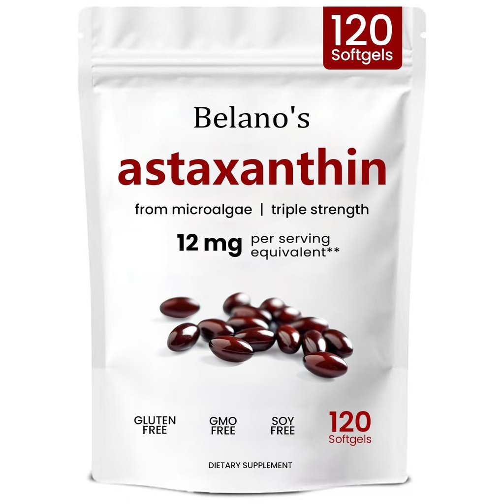 Belano 's Astaxanthin 12mg, Astaxanthin Softels, Premium Astaxanthin Antioxidant Support 124; Health & Energy Support, non-GMO, Vegan- Friendly & Gluten- Free - 120 Softgels (1 Bag)