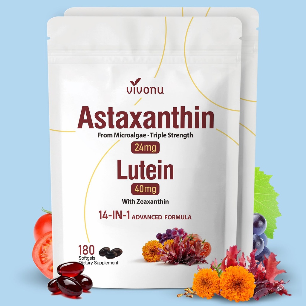 VivoNu 14- in-1 Astaxanthin 24mg & Lutein 40mg med Zeaxanthin Kosttilskud, 12 Måned Supply, 360 Softgels, 2 Bag