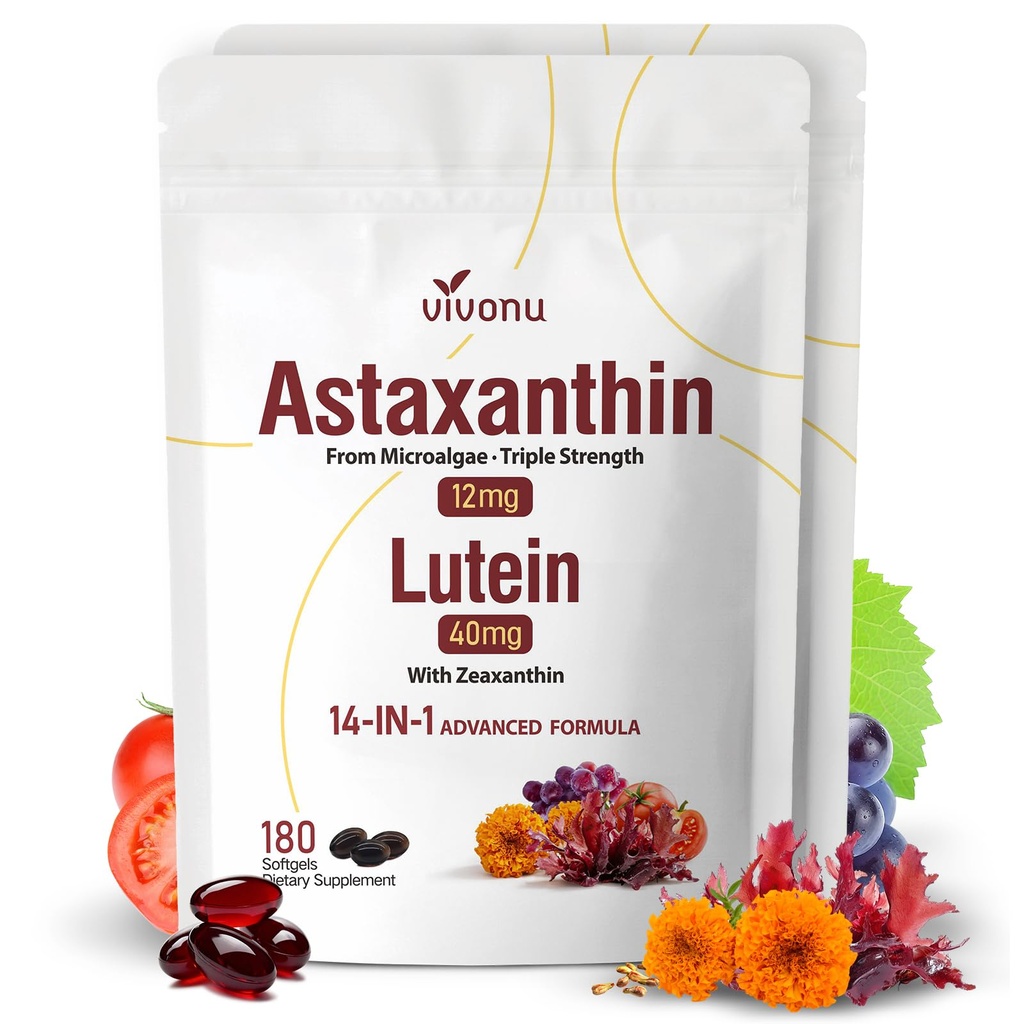 14- in-1 Astaxanthin 12mg & Lutein 40mg med Zeaxanthin Kosttilskud, 12 Måned Supply, Friske Mikroalger Kilde, Understøtter Øje, Hud, Antioxidant, Fælles, Cirkulerende Sundhed, Non- GMO, Gluten Free, 2 Bag