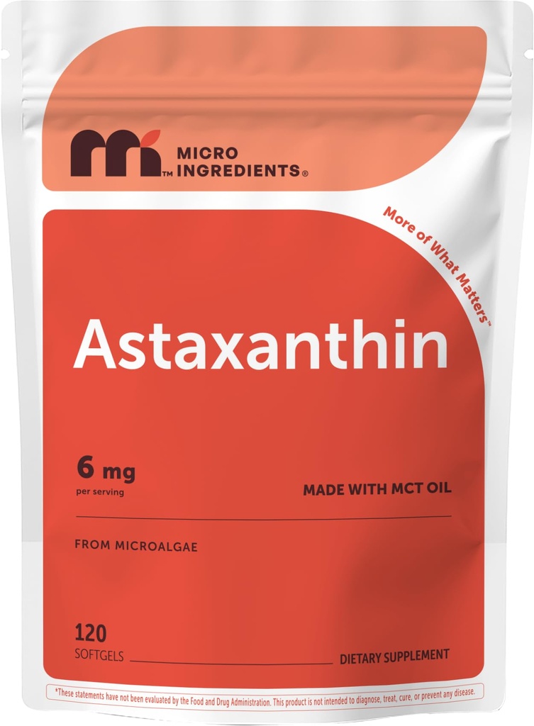 Micro Ingredients Astaxanthin 6 mg med MCT Oil, 120 Softgels - 124; Premium Astaxanthin Antioxidant Kosttilskud * - 124; Friske mikroalger Kilde - 124; Triple Strength, Non- GMO, Gluten Free, No Soy