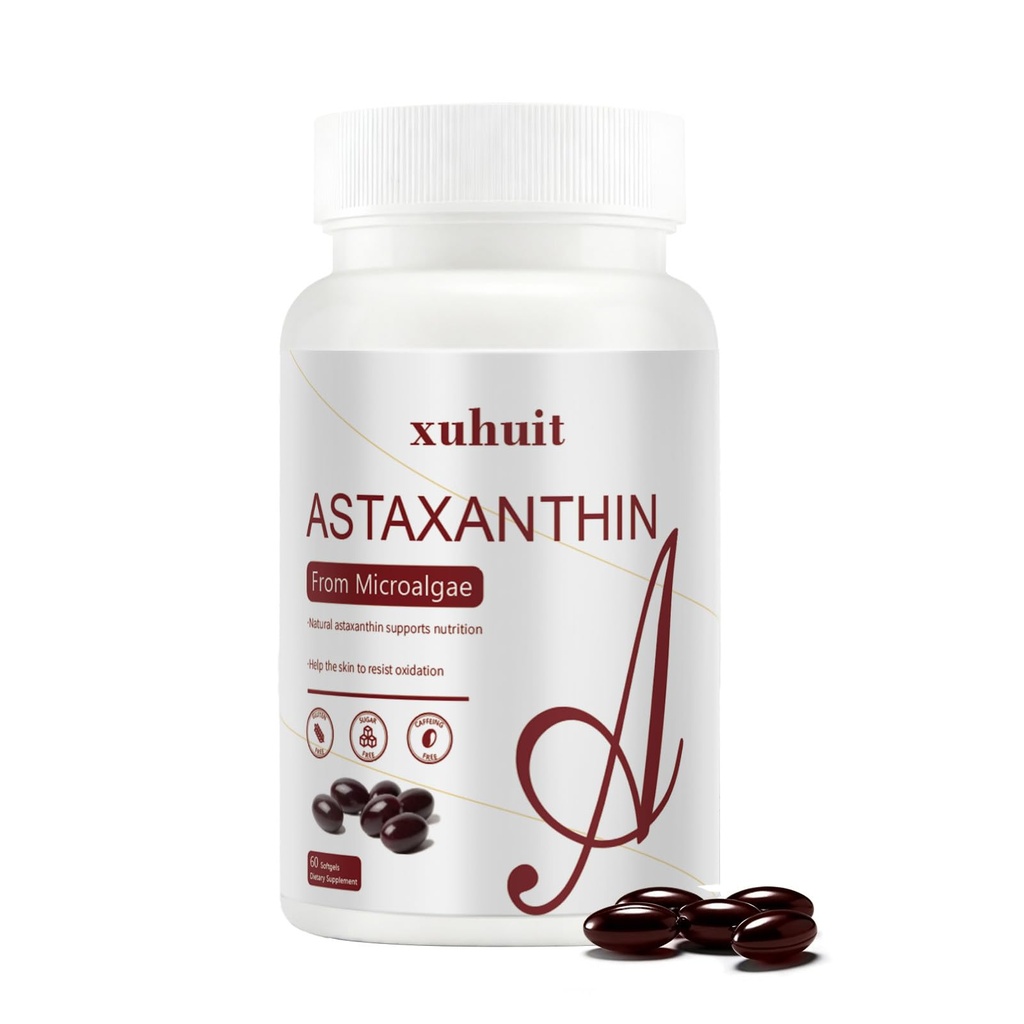 Astaxanthin 12mg 60 Softgels, Natural Antioxidant Supplement fra Mikroalger, Non- GMO, Soy Free, Understøtter hud sundhed, Let at synke Softgels, 2 Måned Supply (1)