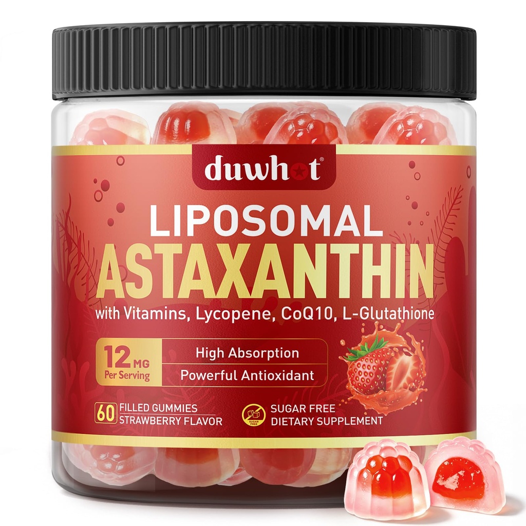 Liposomal Astaxanthin Gummies, Organic Astaxanthin 12mg Kosttilskud med Lycopen, Glutathion til kraftig antioxidant, Plus Vitamin & CoQ10 til øje, hud og immunforsvar, sukkerfri, Vegan, 60