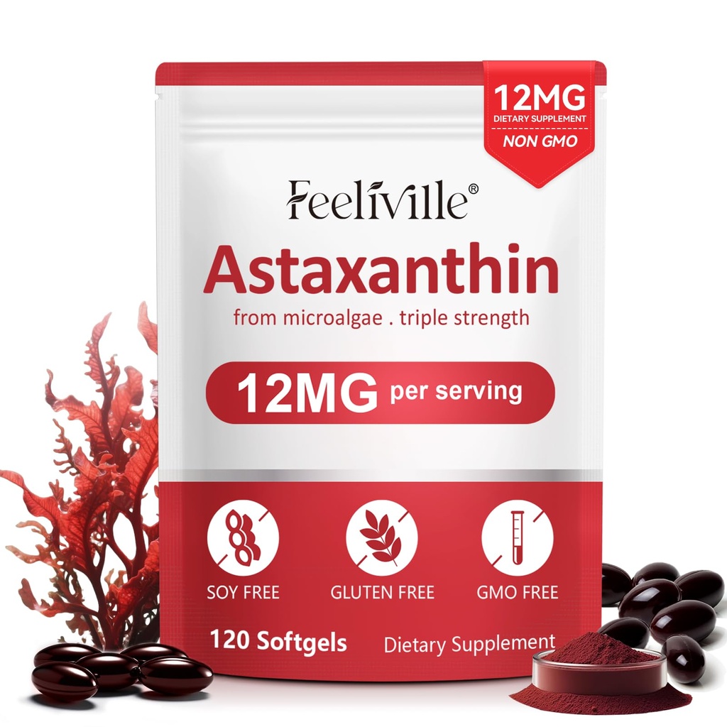 Astaxanthin Kosttilskud, Premium Astaxanthin 12 mg antioxidant med antioxidant aktivitet, understøtter øje, fælles, immunforsvar, hud sundhed, intern cirkulation, 1Pack (120 Softgel), ikke-GMO & ingen gluten
